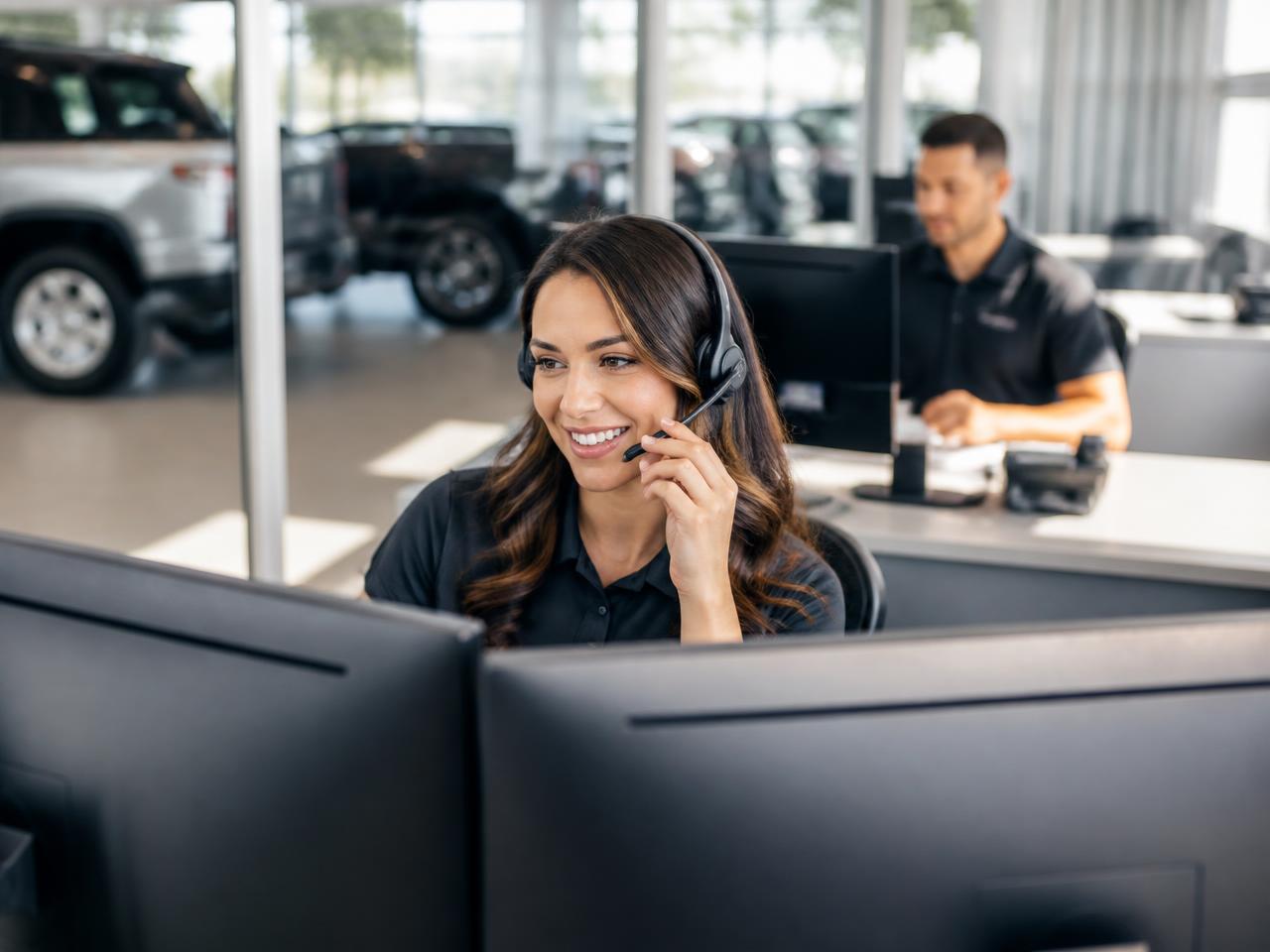 Dealership business development representative speaking with a customer while managing leads