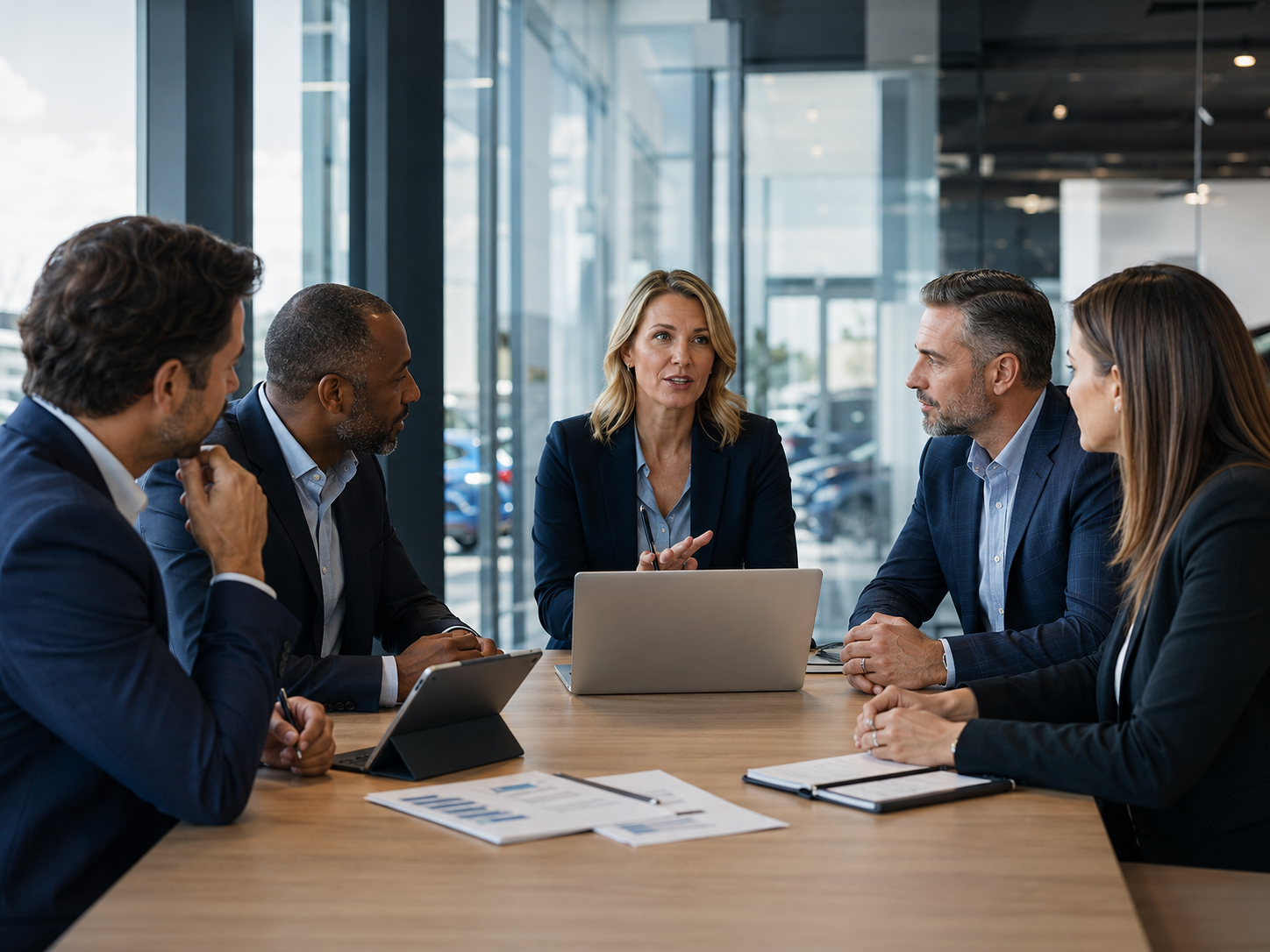 Automotive leadership team meeting in a modern dealership
