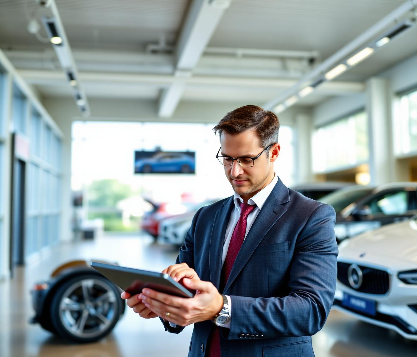 Modern dealership executive reviewing performance on a tablet in a premium showroom