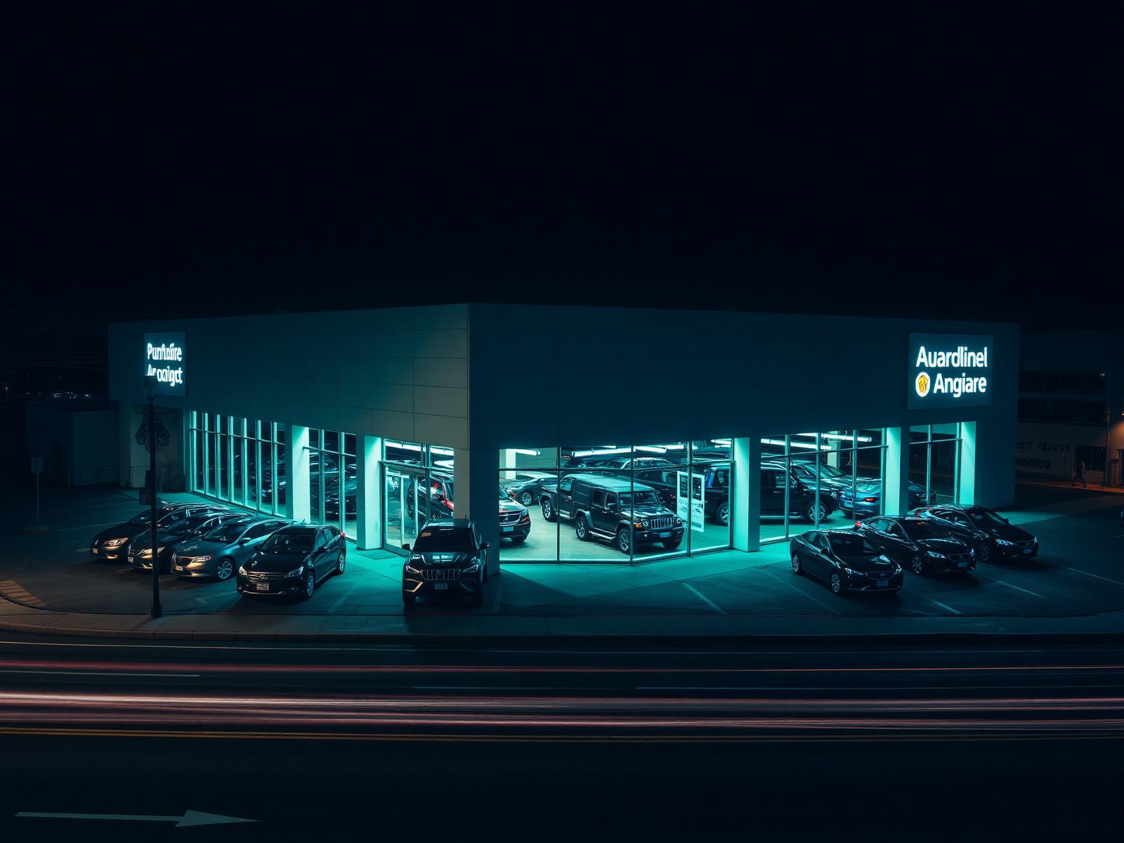 Modern automotive dealership at dusk viewed from an elevated perspective