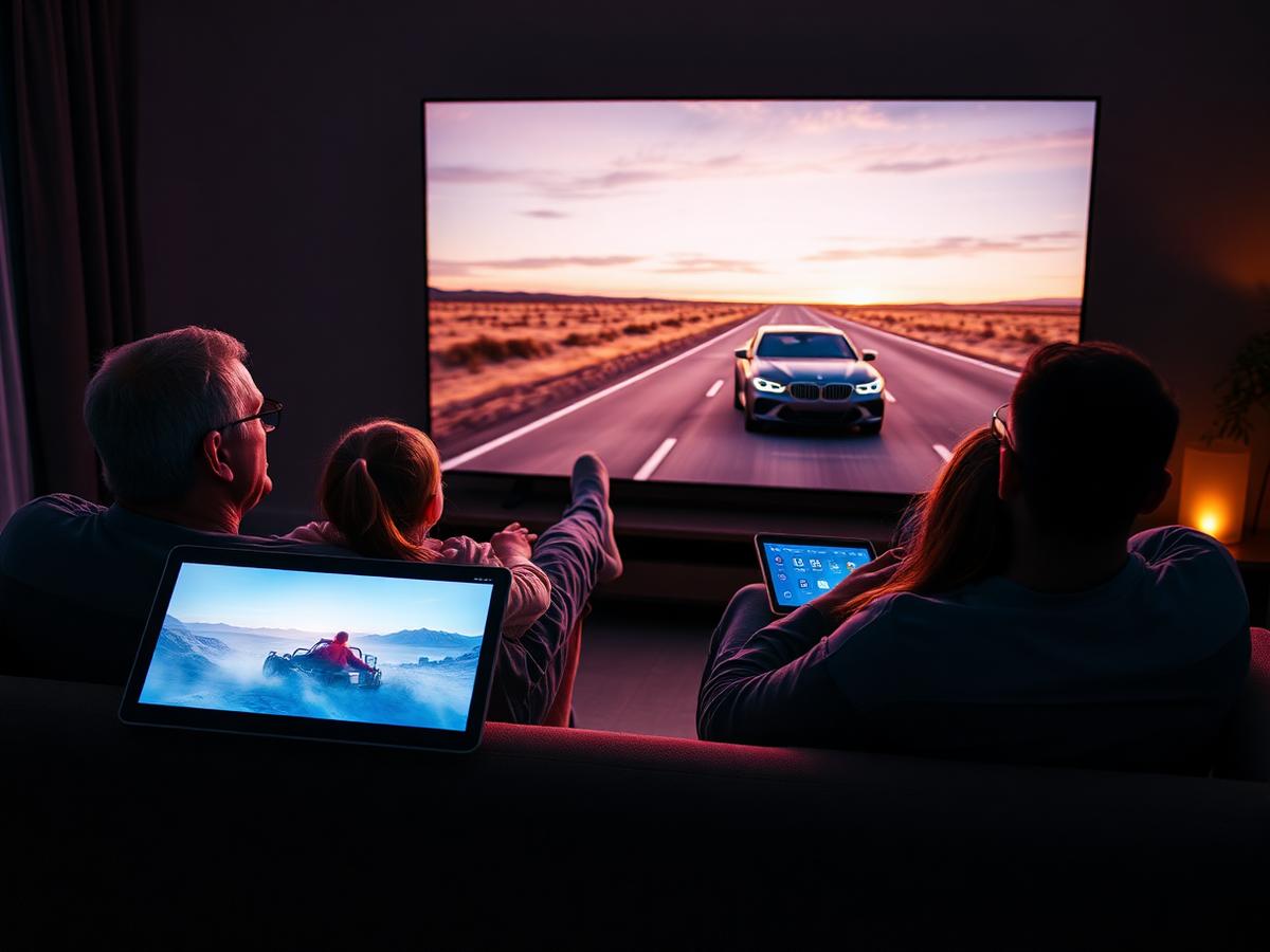 Family watching a premium automotive commercial on television with a streaming tablet nearby